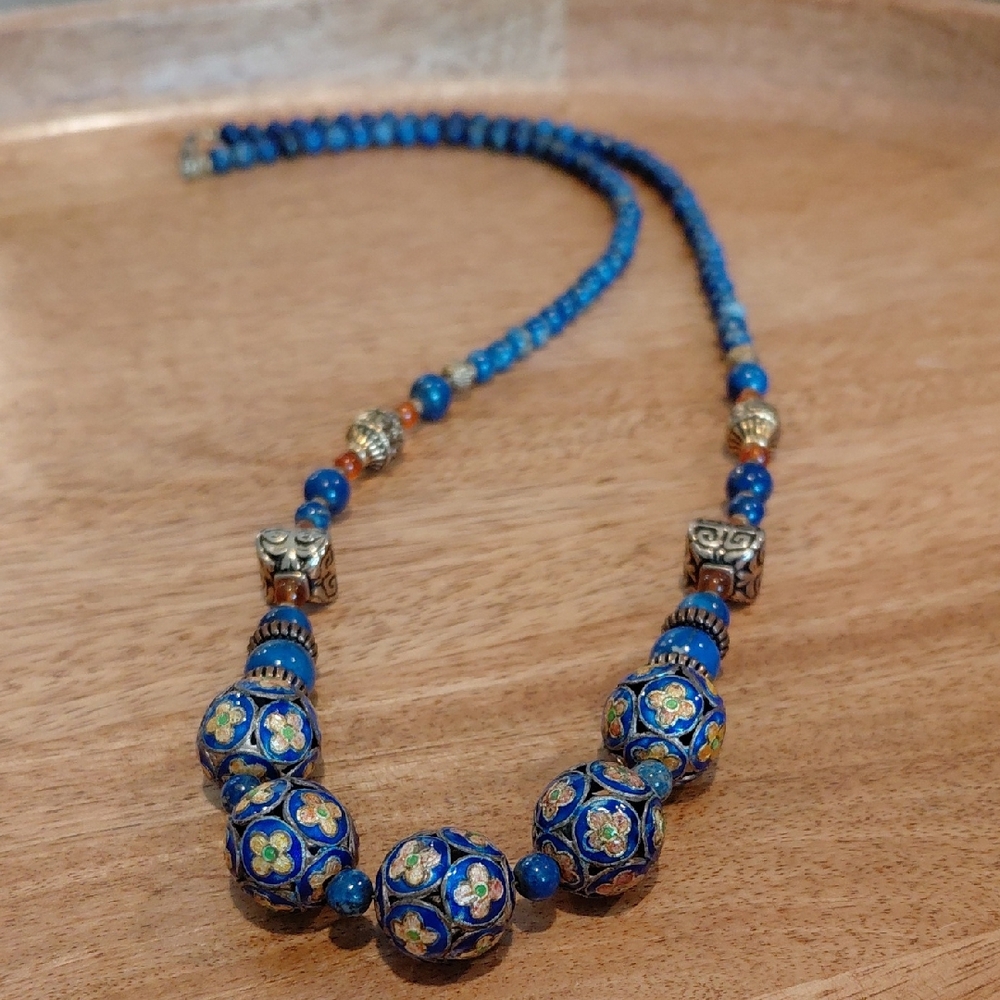 Blue Floral Cloisonné Bead Necklace - Women Jewelry